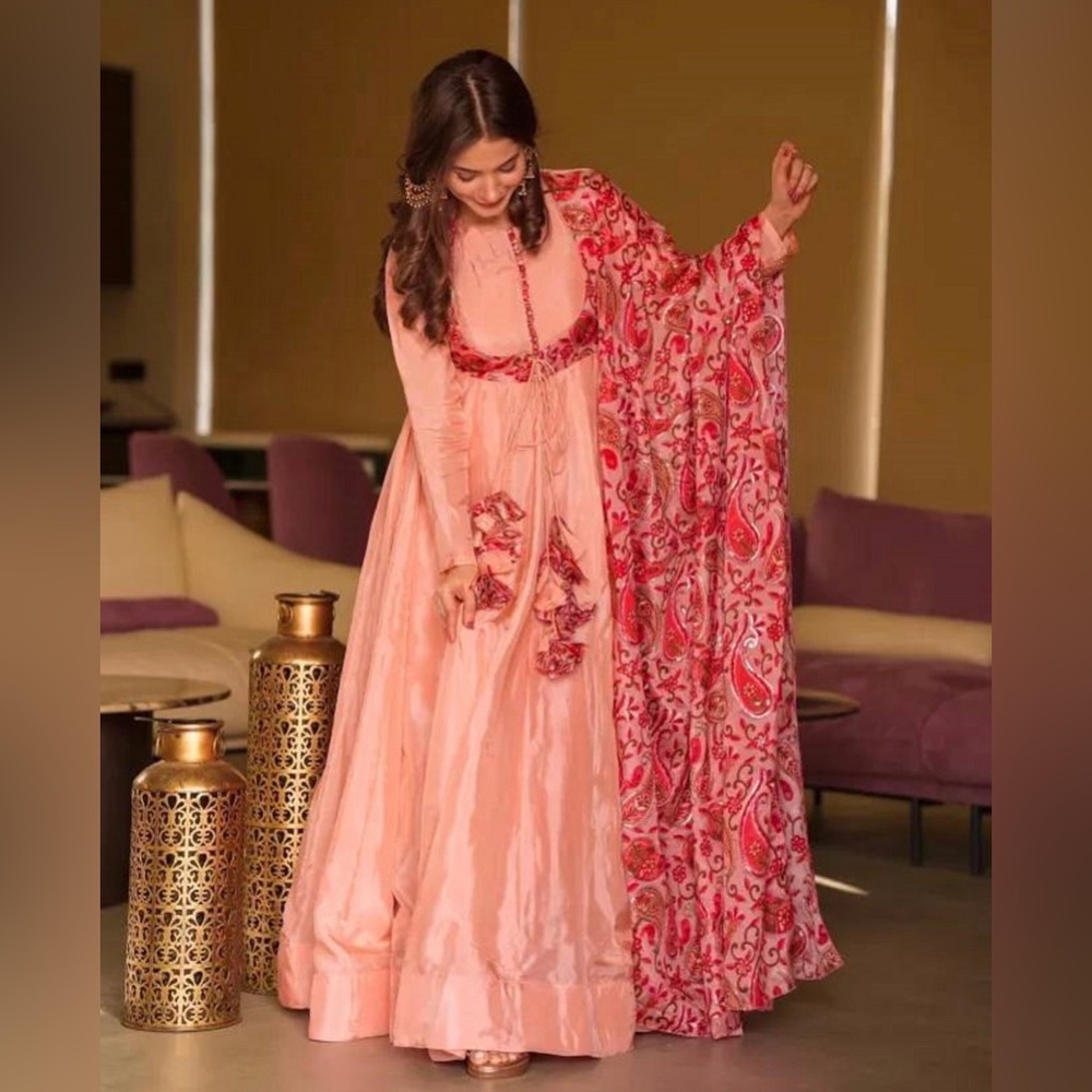 Indian Bollywood Inspired pink Chinon Sillk  Long Flared Gown Suit Readymade.